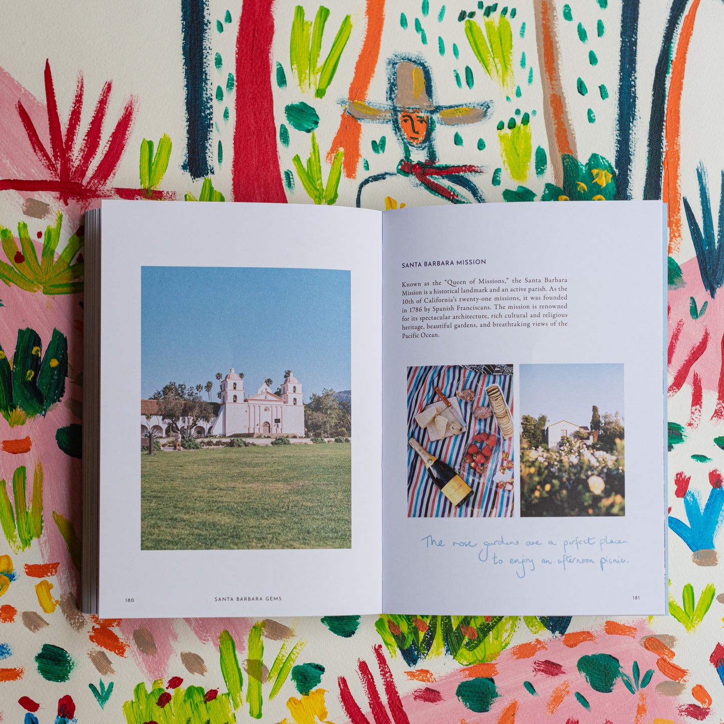 Image of the inside of the book Jaunt Journals Text and picture of the Santa Barbara Mission and Rose Garden.