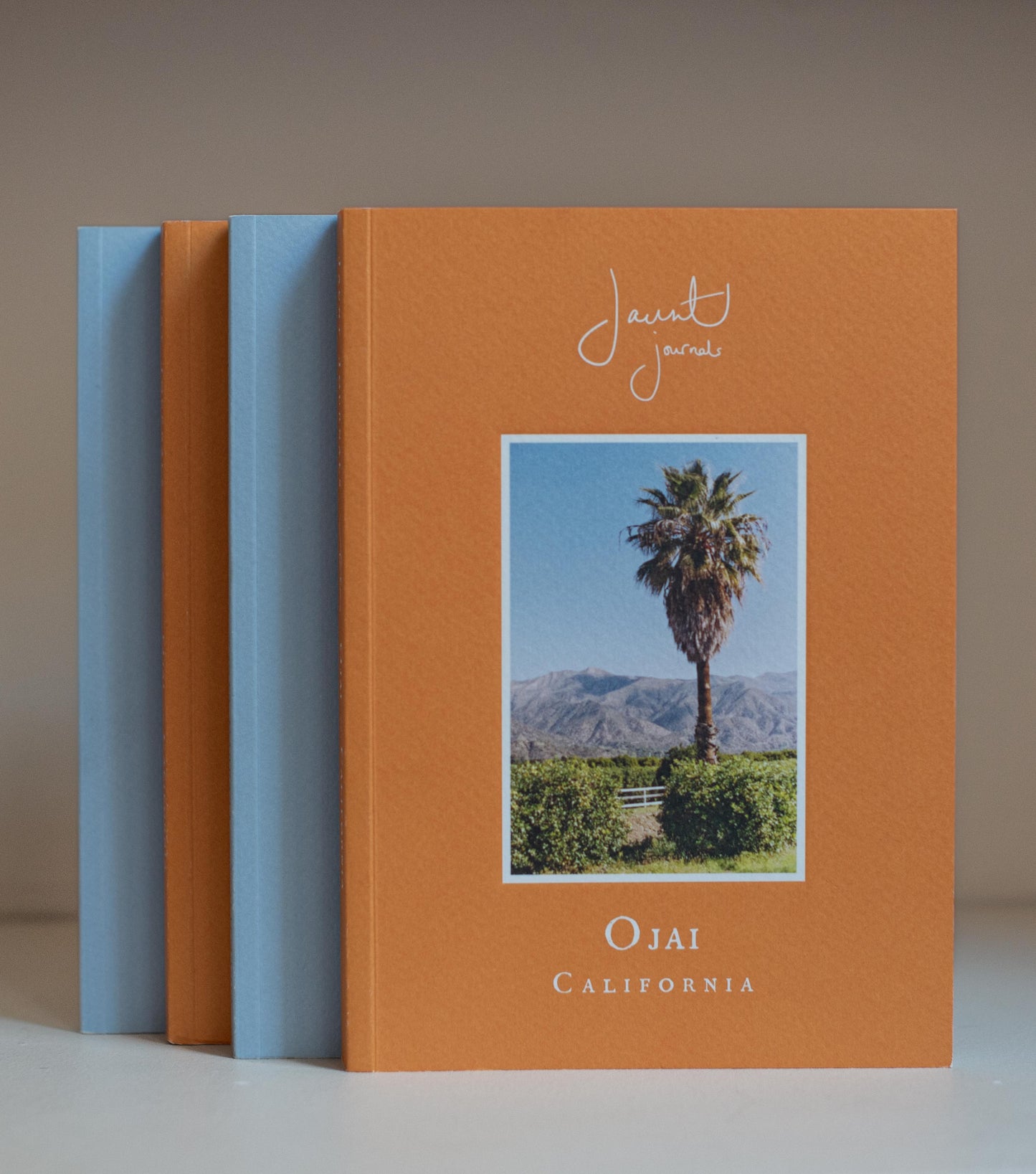 Three books with different colored covers featuring a palm tree and mountain landscape on a neutral background.