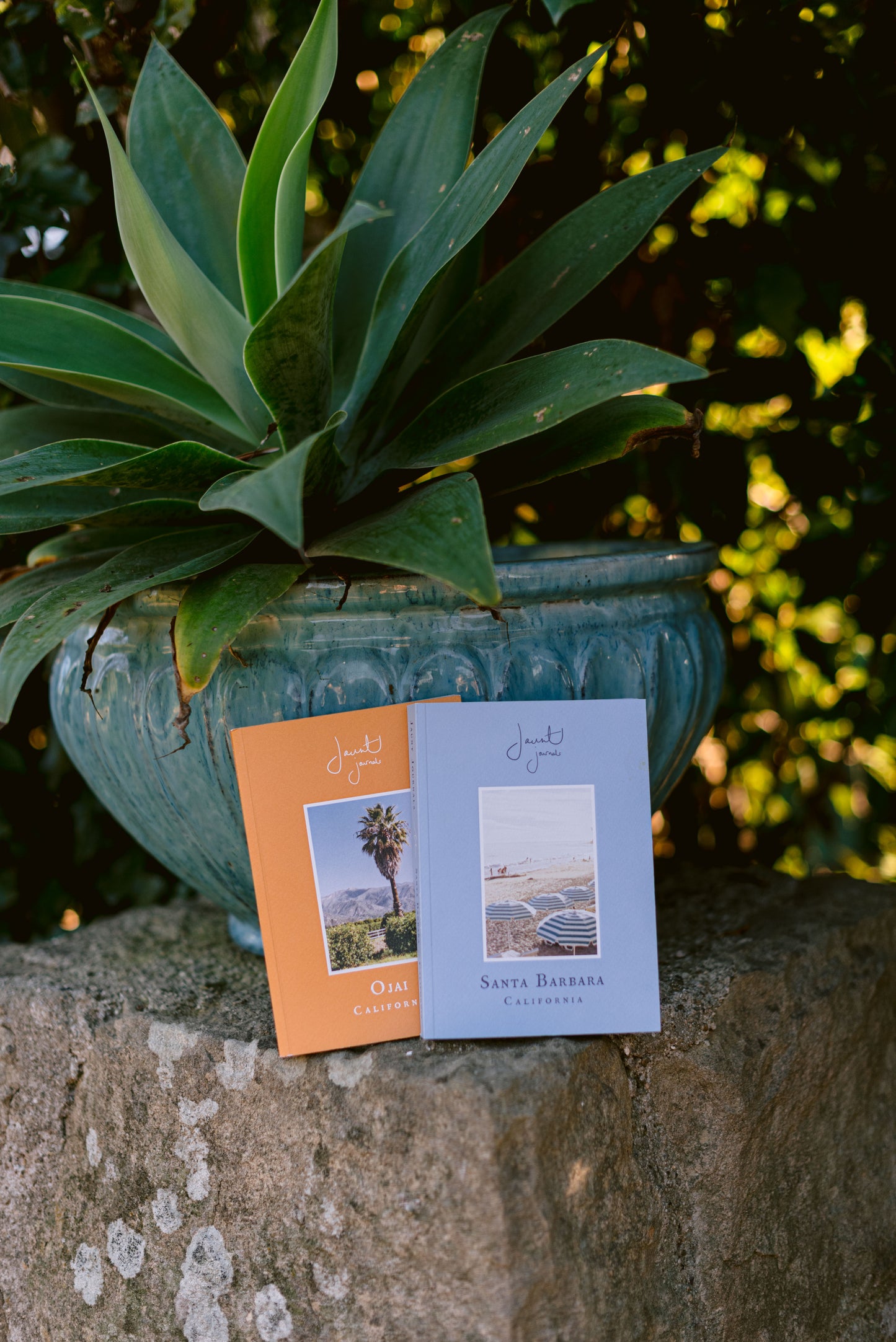 Two postcards on a stone ledge with a plant in the background