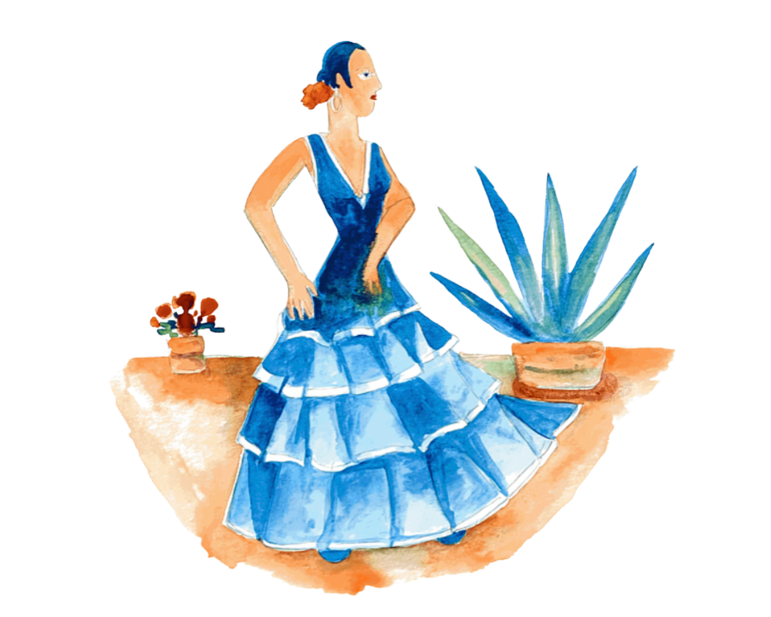 Painting of a women in a blue fiesta dress by artist Pedro De La Cruz