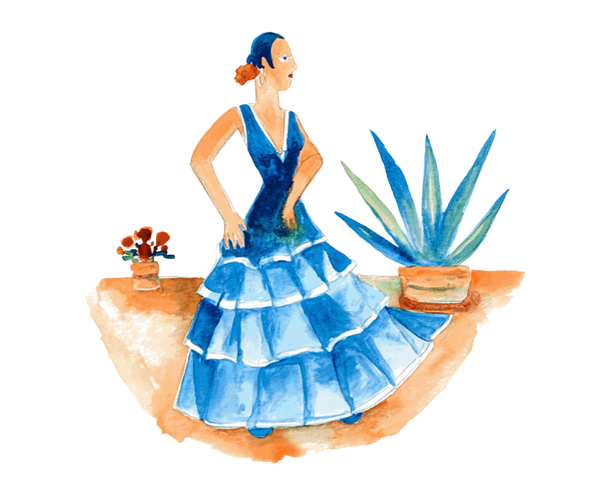 Painting of a women in a blue fiesta dress by artist Pedro De La Cruz