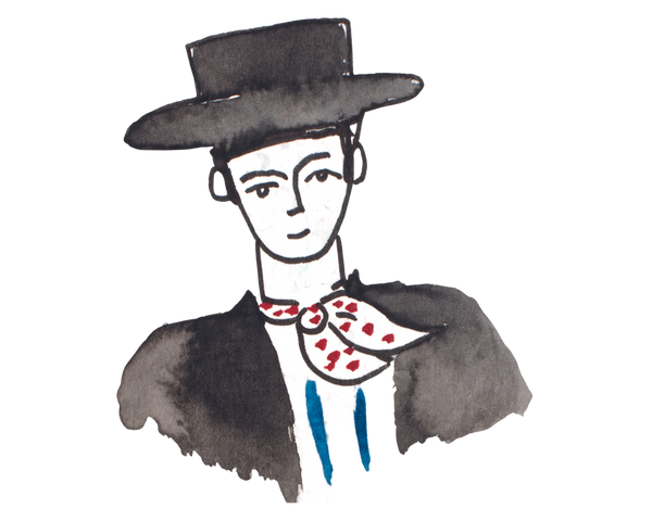 Painting of a man at fiesta in Santa barbara by artist Pedro De La Cruz