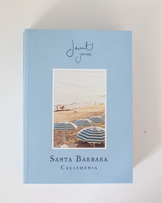 Jaunt Journals Santa Barbara + Guide book cover + Santa Barbara beach with umbrellas, blue book cover