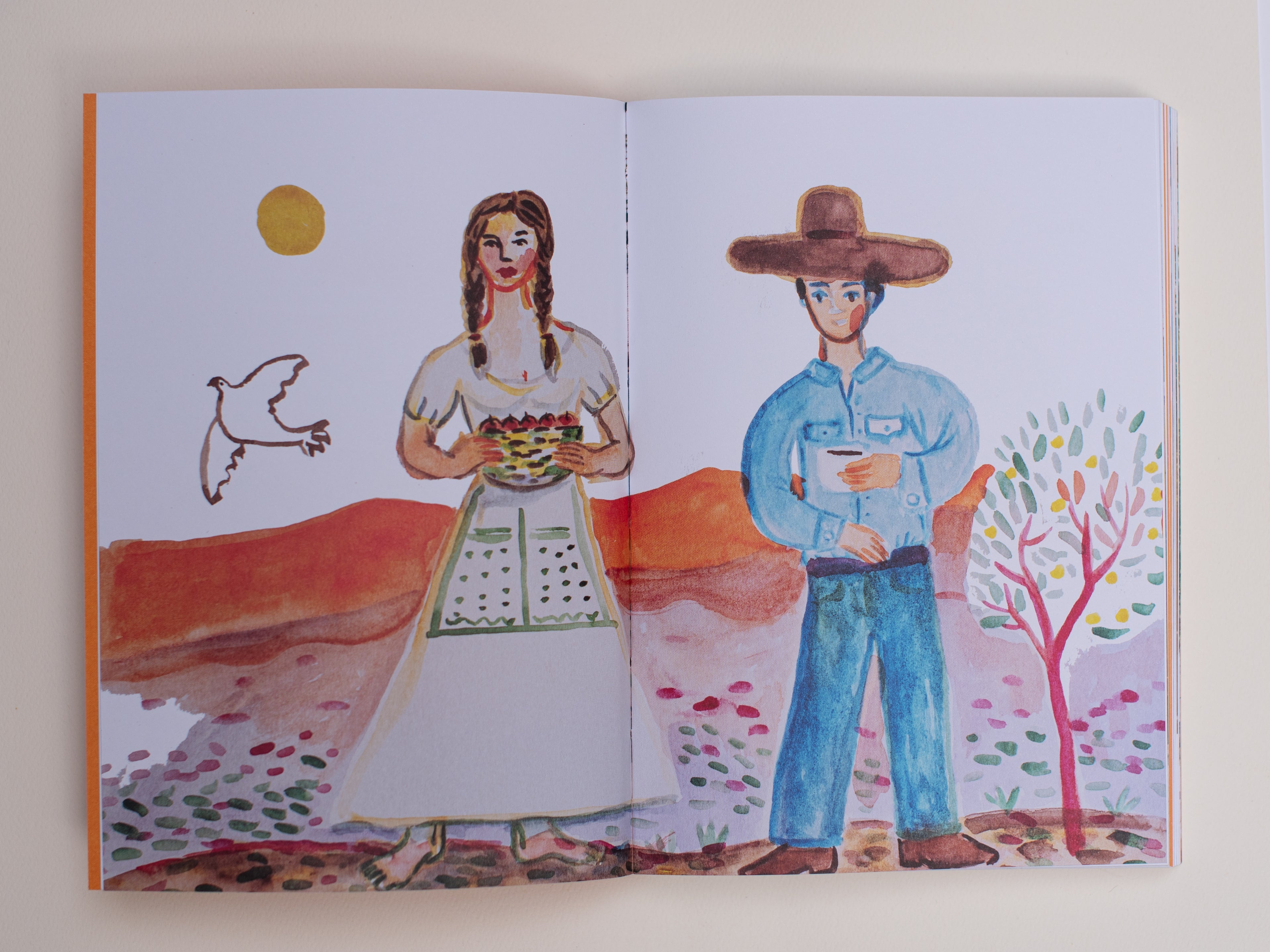 Illustration of a man and woman in traditional clothing with a landscape background on a book page.