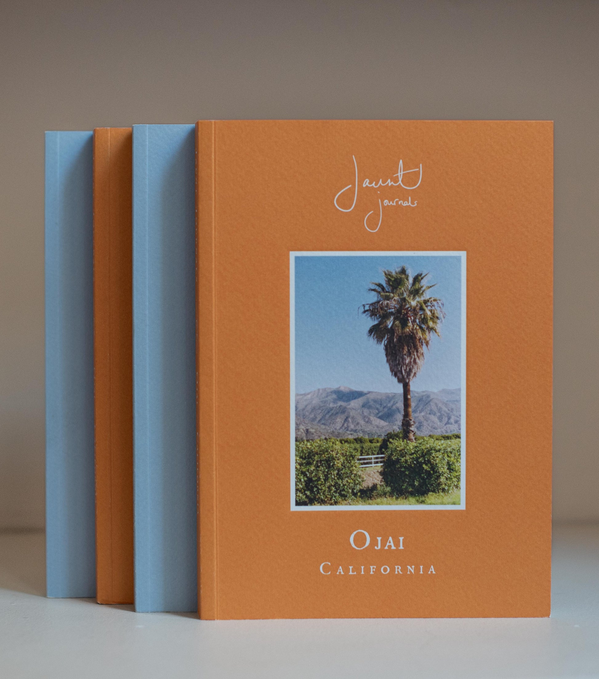 Three books with different colored covers featuring a palm tree and mountain landscape on a neutral background.